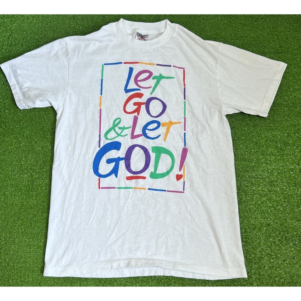 Vintage Let Go Let God T-Shirt Med Rainbow Jesus Christian Single Stitch USA 90s